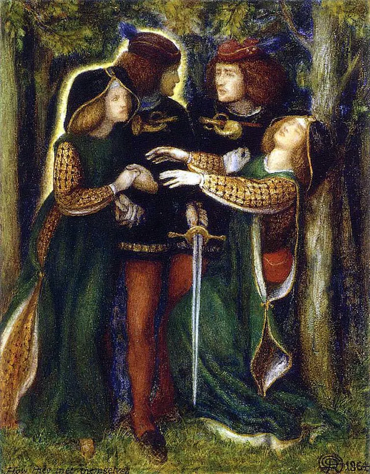 Painting showing three men converse with each other