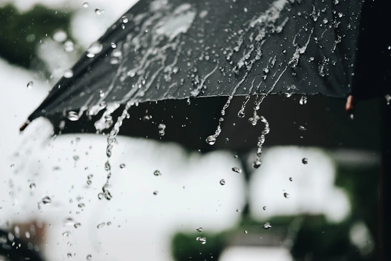 Rain water dribbles off the edge of an umbrella.