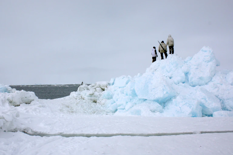 Three people stand on a pile of ice and snow at the edge of the ocean.