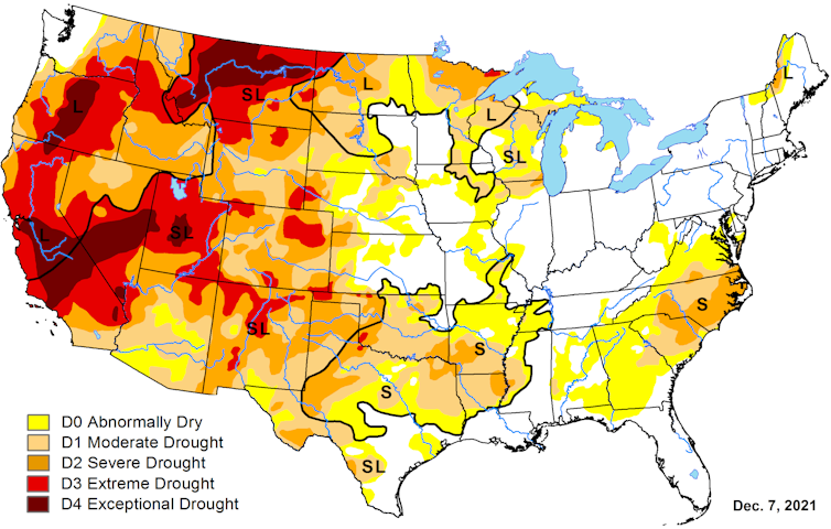 Map of drought conditions for the contiguous United States as of Dec. 7, 2021