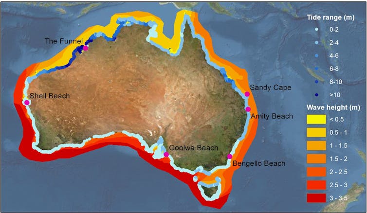 A map of Australia showing how wave height and tidal range vary around the country.