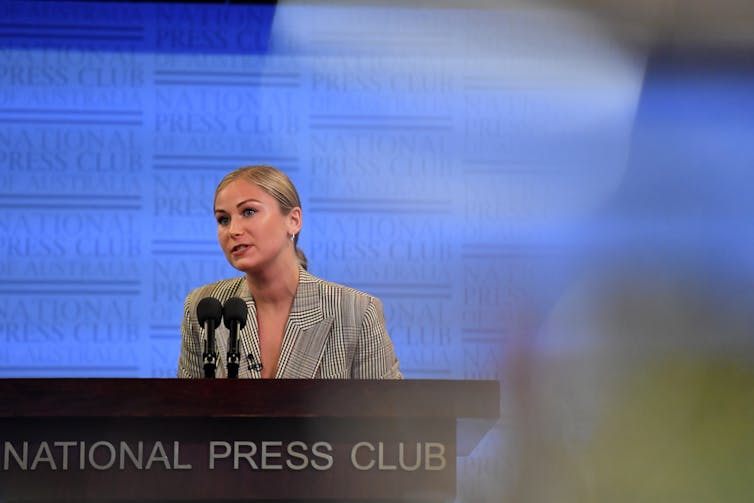 Grace Tame speaks at the National Press Club.