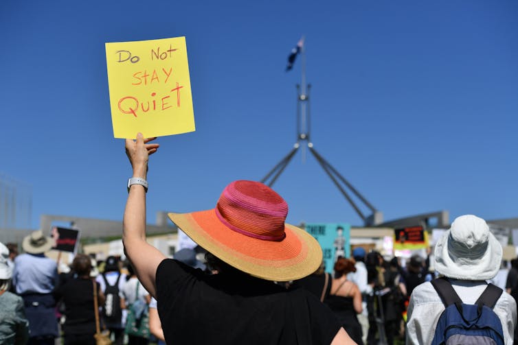 Protesters at Parliament House during the 2021 March4Justice
