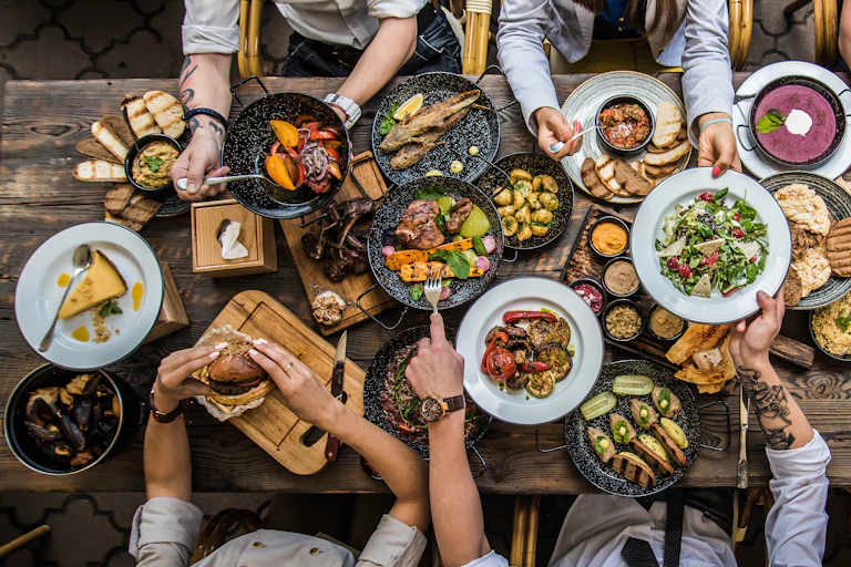 table laden with food