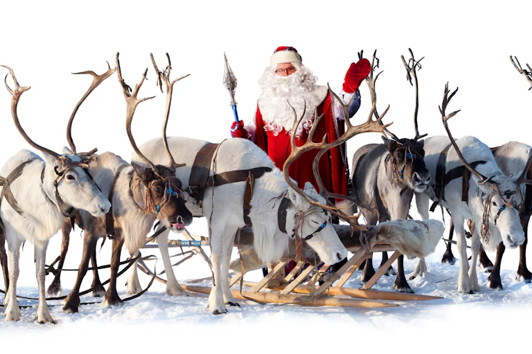 Santa waves behind a line of reindeer.