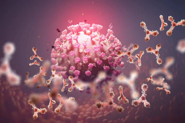 The coronavirus surrounded by antibodies