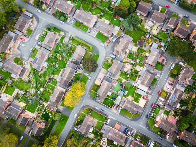Aerial overhead shot of residential neighbourhood in England.
