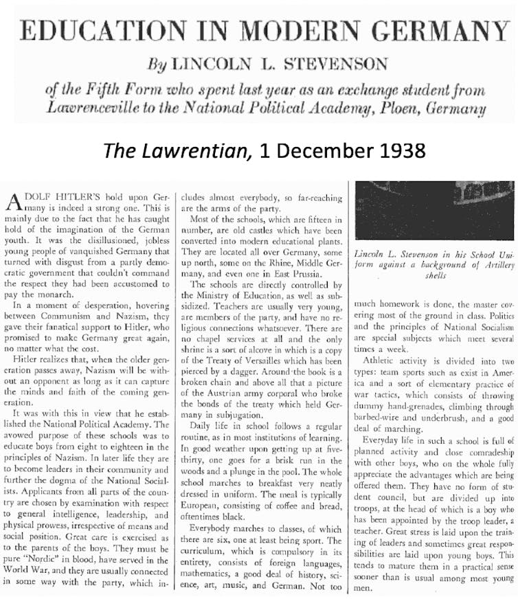 A newsletter account from a Lawrenceville student who spent the previous year as an exchange student at one of the National Socialist schools in Germany.