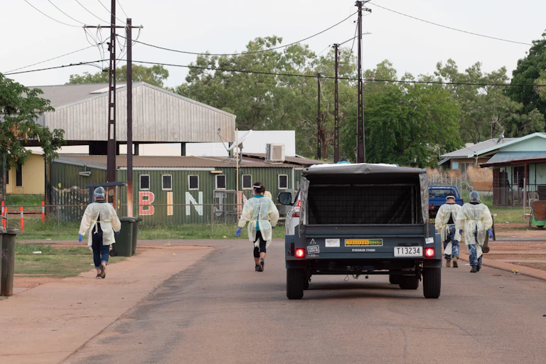 NT Health workers and Australian Defence Force troops deliver food parcels to Binjari communities in Katherine, NT,