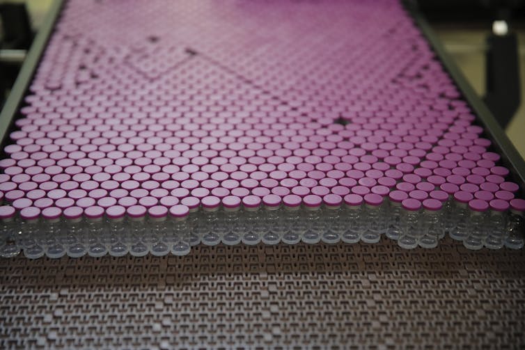 Hundreds of vials with red lids on a conveyor belt