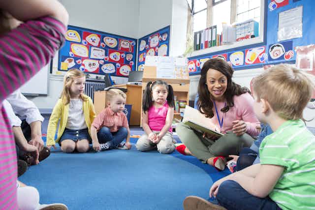 Teacher reading to children in classroom 