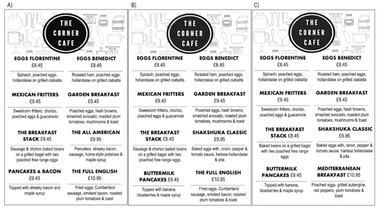 Three different food menus