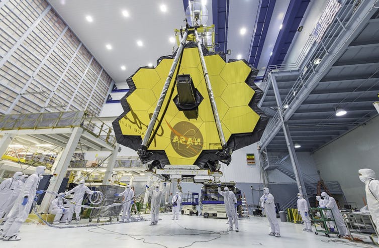 Image of the JWST's primary mirror undergoing testing in 2017.