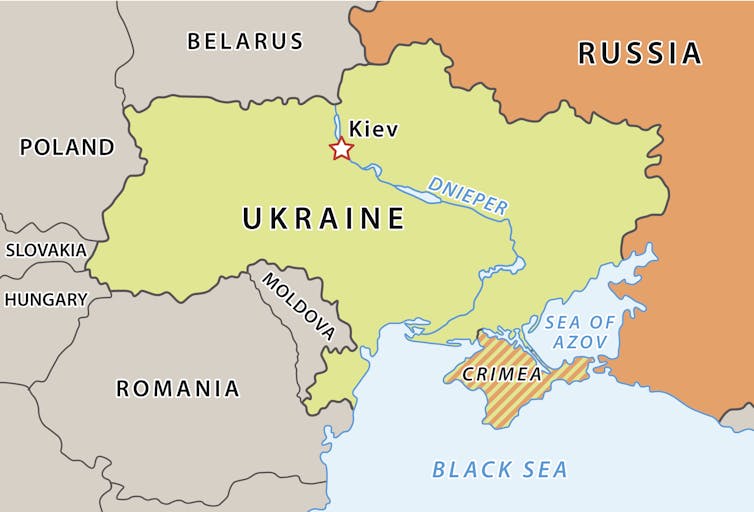 A map of Eastern Europe after the annexation of Crimea in 2014 shows Ukraine, bordering Russia