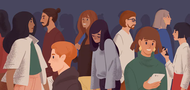 An illustration of a teenager sad and alone amongst a group of people walking by