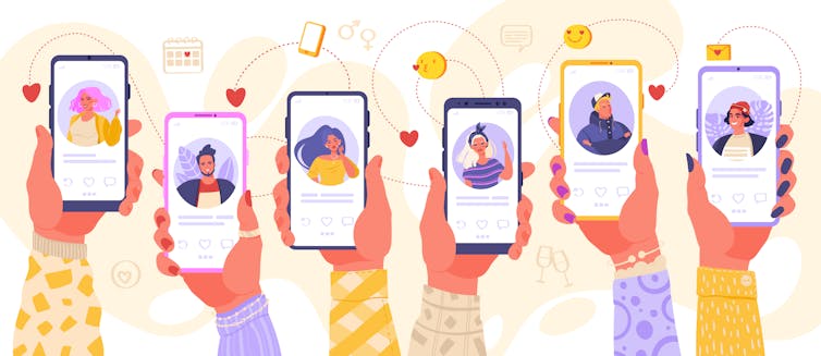 An illustration shows a bunch of hands holding phones using dating apps