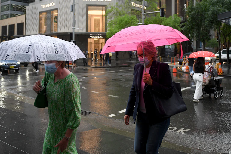 pedestrians with umbrellas cross wet street