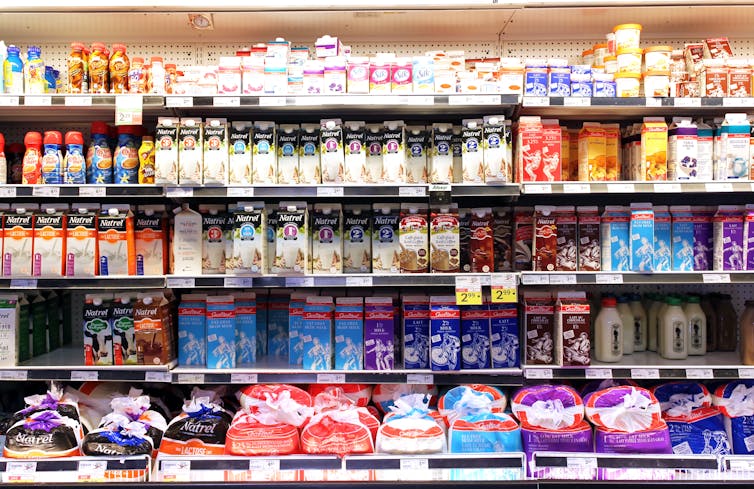 Selection of milk and dairy products on shelves in a supermarket