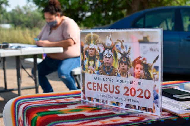 A woman sits behind a picture of a U.S. Census photo that says "April 1- 2020, Count me in!" Photos of young Native American children are pictured in the photo.