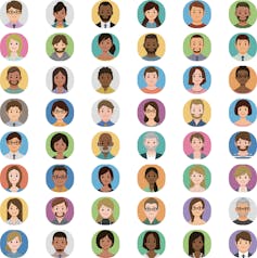 Una cuadrícula de 6 x 8 de caras de dibujos animados de personas.