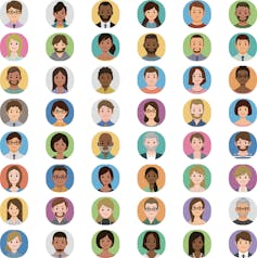 A 6 x 8 grid of cartoon faces of people