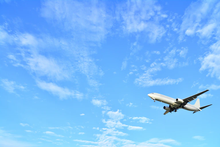 plane flies in blue sky