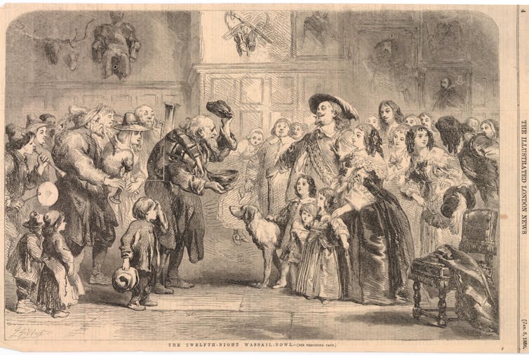 A crowded 17thC interior, an old beggar leading a crowd of pauper musicians, standing with bowl held out and cap raised before a rich man and his family gathered at right