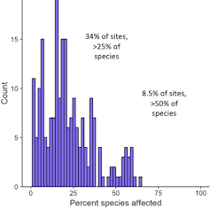 Percentage species affected by chloride: Thirty-four per cent of sites were estimated to have 25 species affected by chloride, and 8.5 per cent of sites were estimated to have 50 per cent of species affected