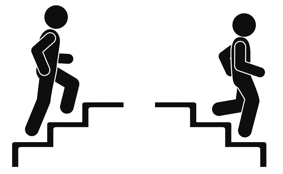 An illustration of a figure walking up steps and then walking down steps