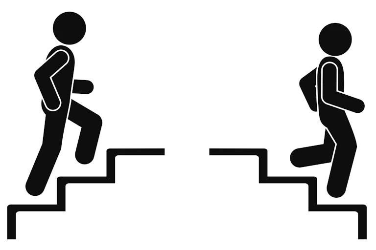 An illustration of a figure walking up steps and then walking down steps