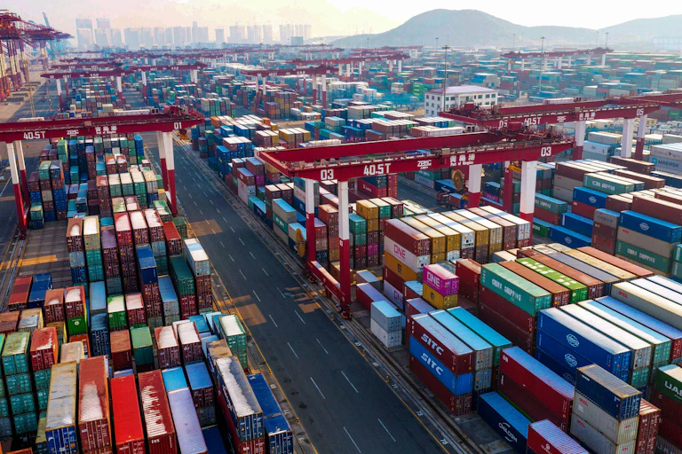 Containers stacked at a port.