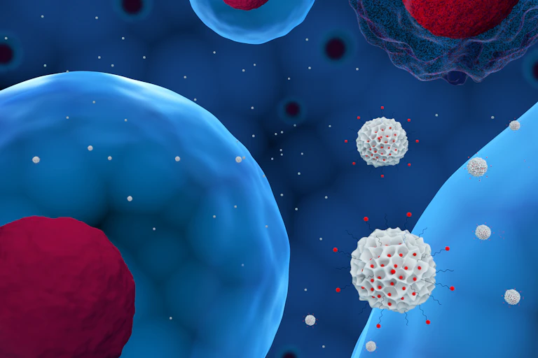 3D illustration of nanoparticles delivering drug to cells