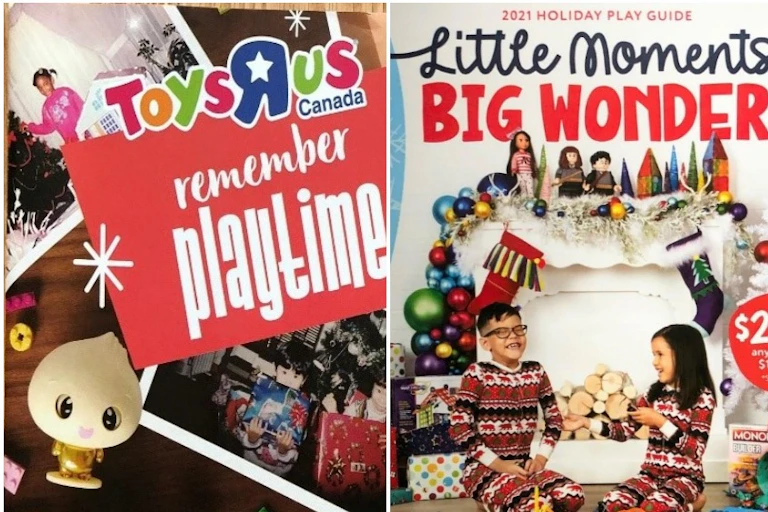 Collage of toy catalogue covers seen showing Toys R Us 'Remember Playtime' collage with photos of kids and toys, Little moments big wonder cover for mastermind toys showing children with stockings, and 'Joy Delivered' cover with an illustrated owl and fox from Amazon.
