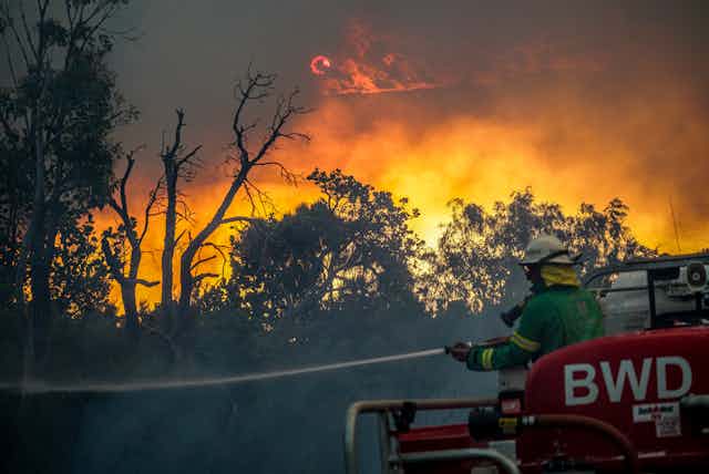 Fire fighter holding hose on bushfire