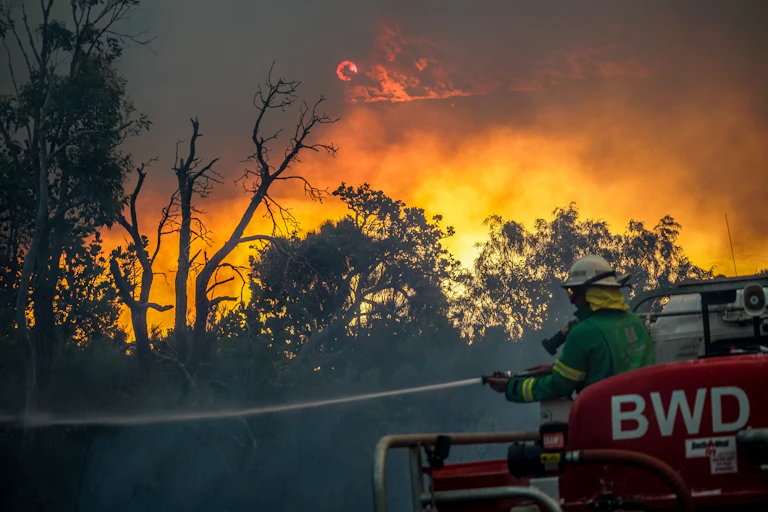 Fire fighter holding hose on bushfire