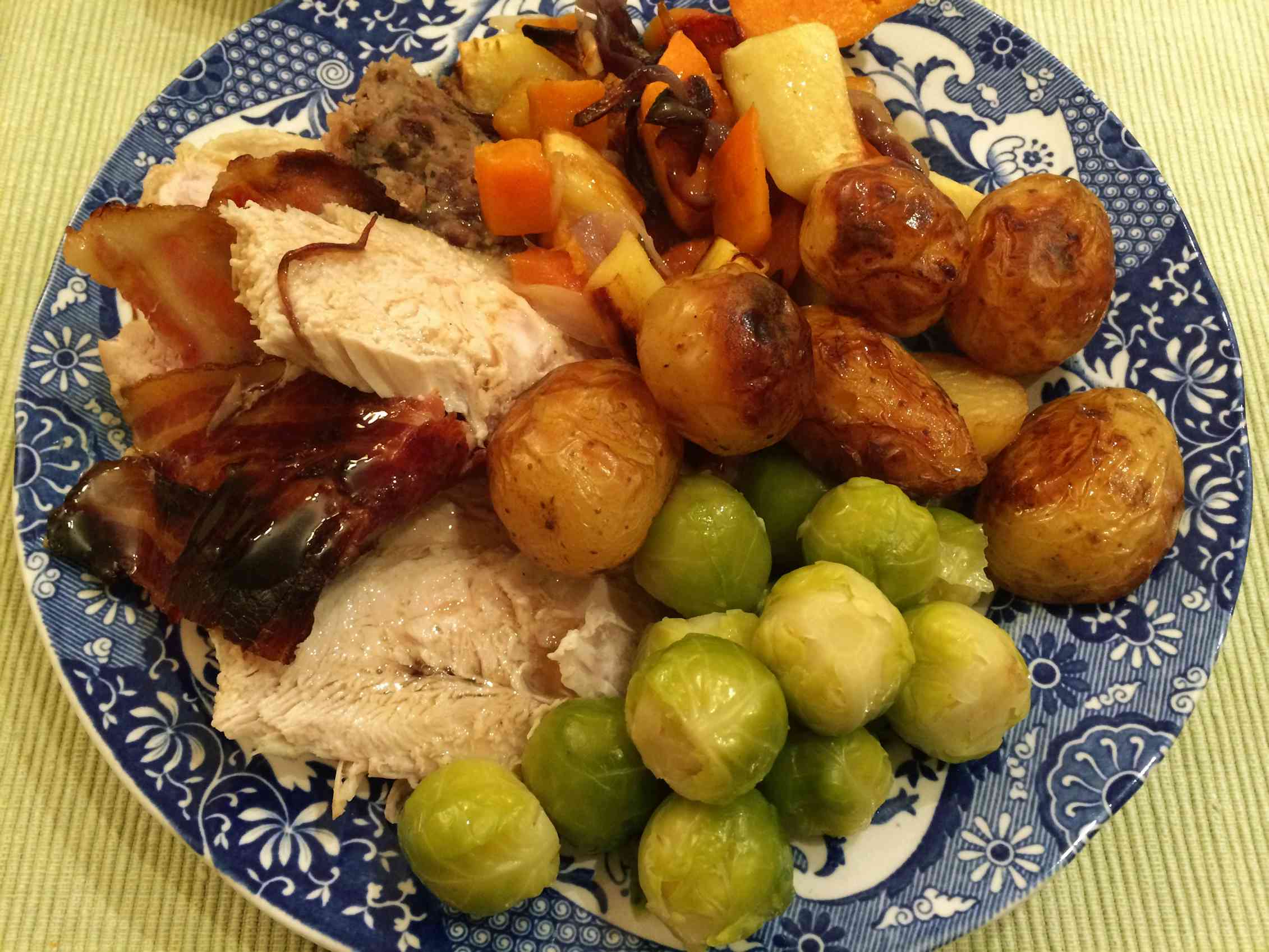 A plate with turkey and assorted vegetables