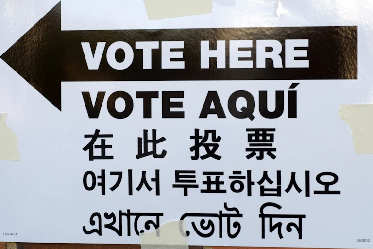 A sign says "vote here" in many languages