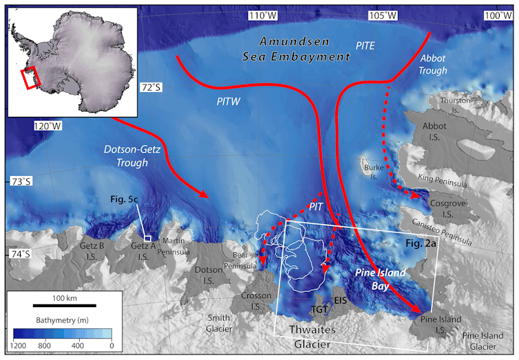 Map of the Amundsen sea basin including the Thwaites glacier.