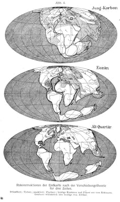 Wegener's original black and white schematic showing the Earth's continents locked together like a jigsaw puzzle in the first panel, and spread out into their current configuration in the last.