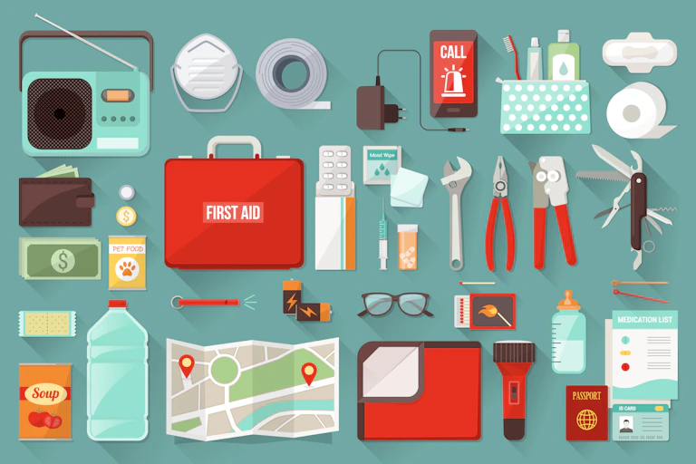 An illustration of survival items, including a radio, face mask, map, flashlight and batteries.