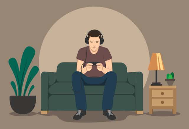 A cartoon of a man seated on a couch on a smartphone.