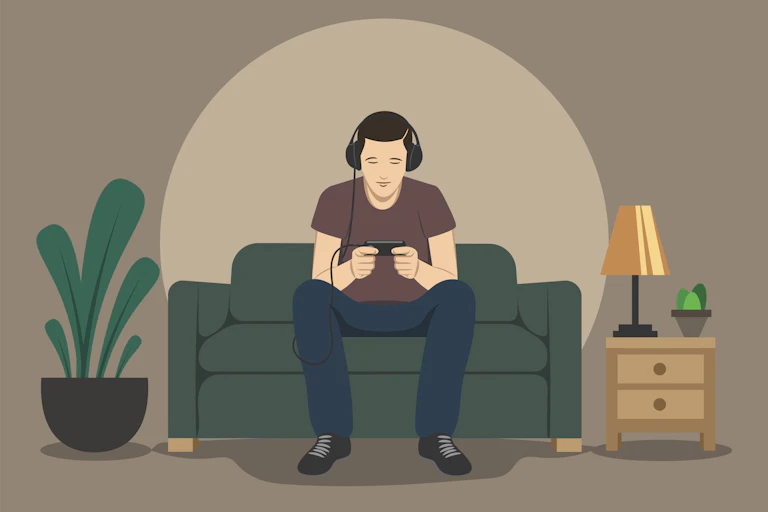 A cartoon of a man seated on a couch on a smartphone.