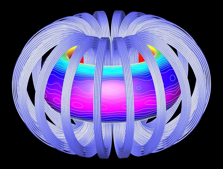 Représentation 3D montrant un large anneau horizontal, entouré par une vingtaines d'anneaux verticaux qui convergent au centre de l'anneau large