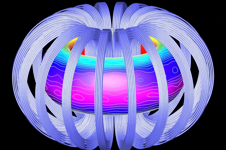 Représentation 3D montrant un large anneau horizontal, entouré par une vingtaines d'anneaux verticaux qui convergent au centre de l'anneau large