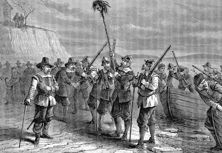 Illustration shows American colonist Miles Standish returning to Massachusetts.