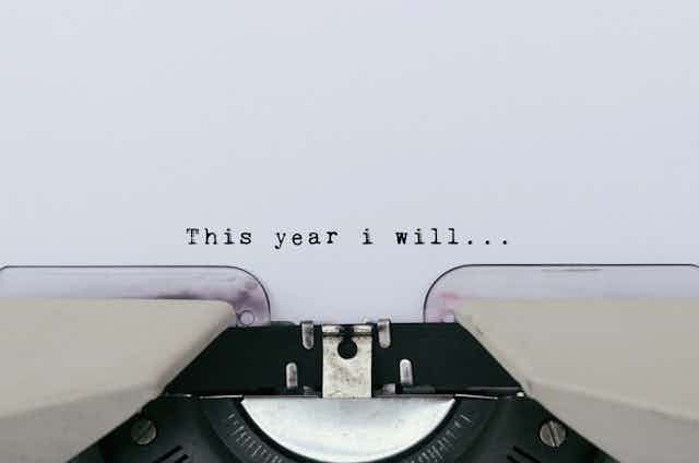 Paper in typewriter with words 'This year I will.'