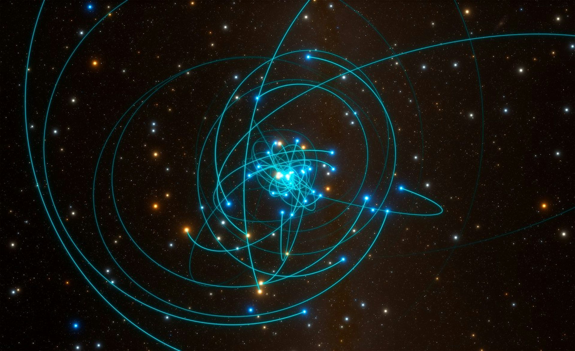 Many blue circular lines against the backdrop of space