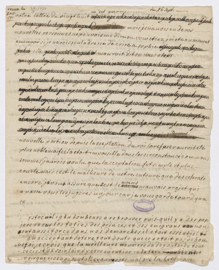Lettre manuscrite dont des passages sont recouverts de boucle resserrées qui empêchent la lecture