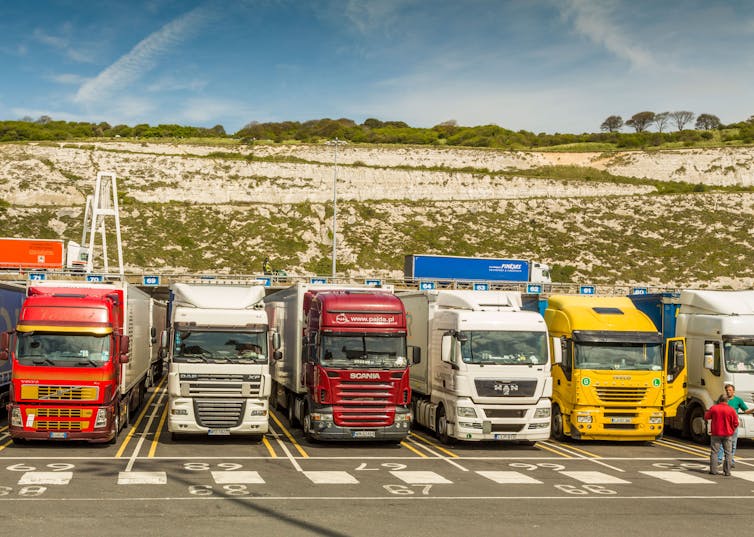 Lorries waiting for clearance at the port of Dover.