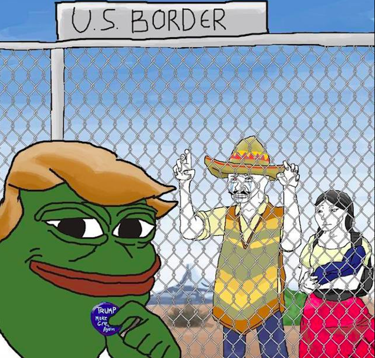 Un mème représentant Donald Trump en Pepe The Frog fier d’empêcher des mexicains (eux-aussi grimés de visages de mèmes très populaires) d’entrer sur le territoire états-unien